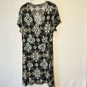 Just Be Faux Wrap Dress Womens Plus Size 1X Soft & Stretchy Short Sleeves.